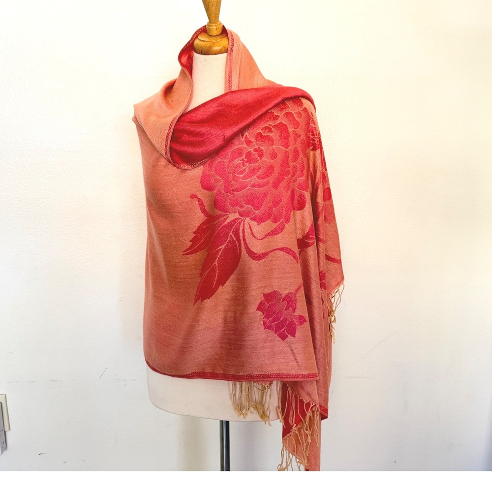 Pink Coral Floral Pashmina Shawl Reversible Peony Jacquard Fringe Wrap Scarf